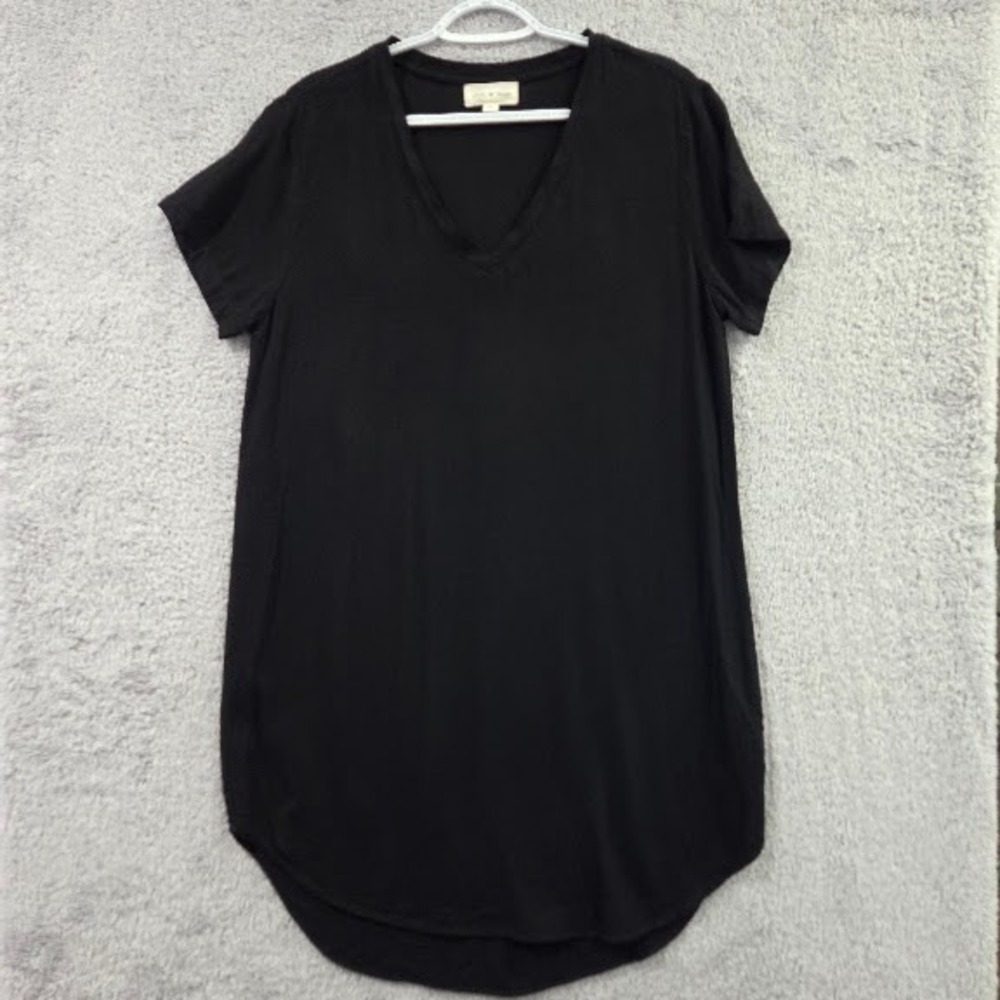 Cloth & Stone T-Shirt Dress Large Black V Neck Mini Curved Hem Short Sleeves